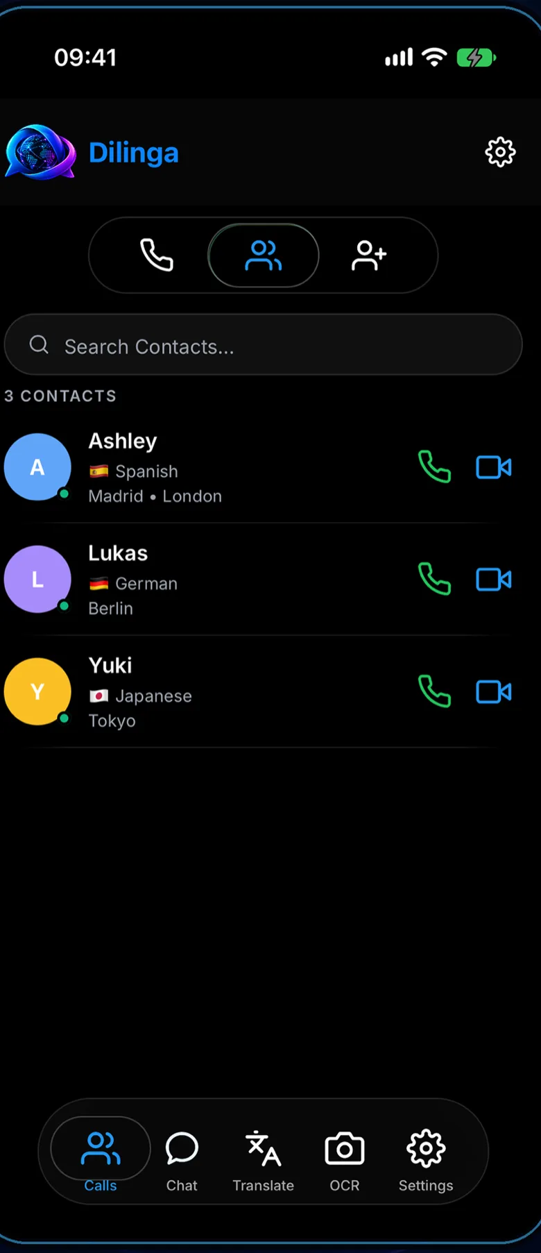 Dilinga contacts screen with call and video buttons next to each person's language.