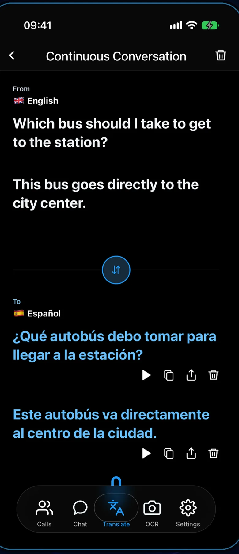 Dilinga continuous conversation screen translating between English and Spanish.