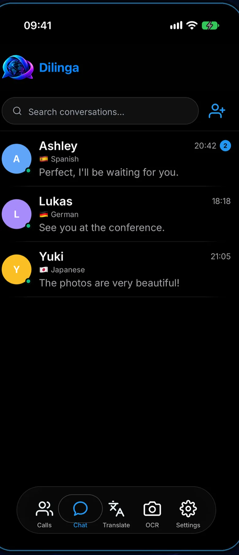 Dilinga conversation list showing contacts in Spanish, German and Japanese.